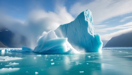 Iceberg calving in a serene arctic landscape with crystal blue waters and soft cloudy skies