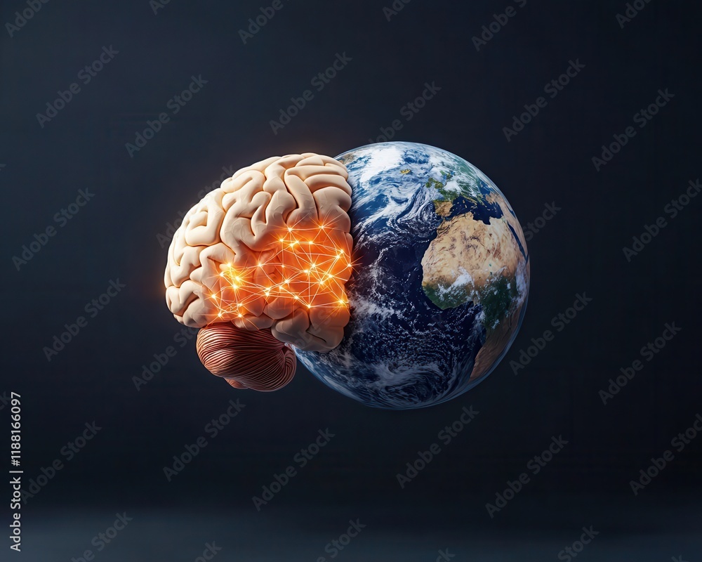 Poster a conceptual image of a human brain merging with earth, symbolizing the connection between intellect