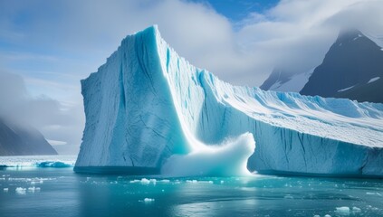 Iceberg calving into a teal sea under a cloudy sky with mountains in the distance © Fristy
