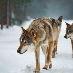 Fototapeta premium 雪の中を歩くオオカミ