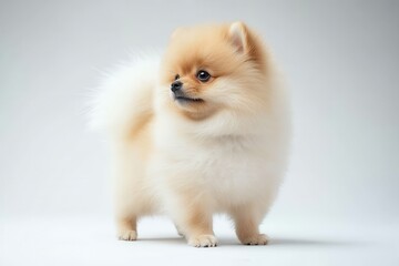 A fluffy Pomeranian puppy standing proudly, showcasing its vibrant coat and playful demeanor against a soft background.