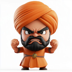 3D Angry Punjabi Man Face Emoji, Transparent with Turban, Fist Shaking in Anger..