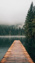 Obraz premium Misty Dock Over Calm Water Surrounded by Lush Green Forest