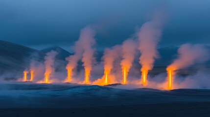Natural Geysers Erupting with Steam and Fire in Dramatic Landscape