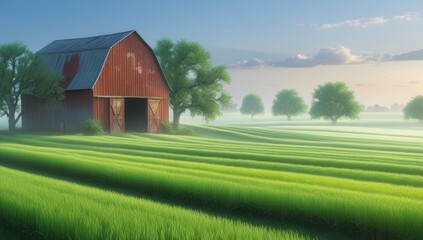 Obraz premium Misty Morning on the Farm, A Red Barn Standing Tall Amidst Lush Green Fields and Rolling Hills