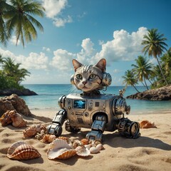 "A robot cat on a treasure hunt in a tropical island with sparkling seashells."