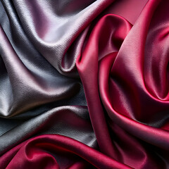 Fototapeta premium Luxurious Red and Silver Silk Fabric Texture. Elegant Drapery and Smooth Waves