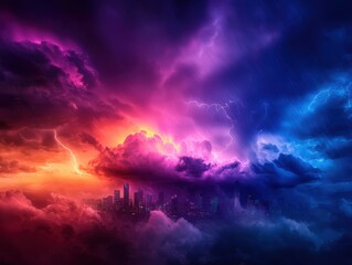 Obraz premium A vibrant sunset casts colorful hues across dramatic clouds above a skyline, creating a stunning visual spectacle of nature and urban life.
