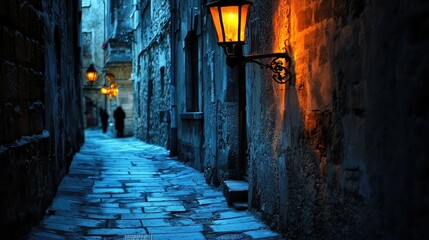 Serene Narrow Street with Lanterns in an Old European Town at Dusk
