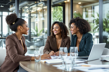 Women in Business Meeting Discussing Ideas in Modern Office.