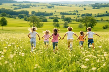 Children running through a green meadow in the countryside on a sunny day.