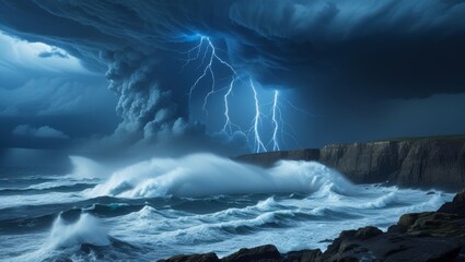 Fototapeta premium A Powerful Storm Unleashes Lightning and Turbulent Waves Against a Cliffside Landscape