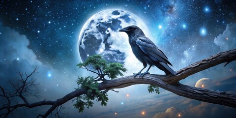A raven bird perched on a darkened branch of an ancient tree against a starry night sky with silvery moonlight filtering through the leaves, tree, nocturnal
