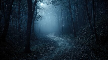 Fototapeta premium Mysterious Foggy Forest Path with Shadows and Dim Light Effects