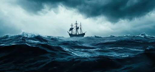 Obraz premium A dramatic scene featuring a sailing ship battling turbulent seas under a stormy sky, evoking adventure and the power of nature.