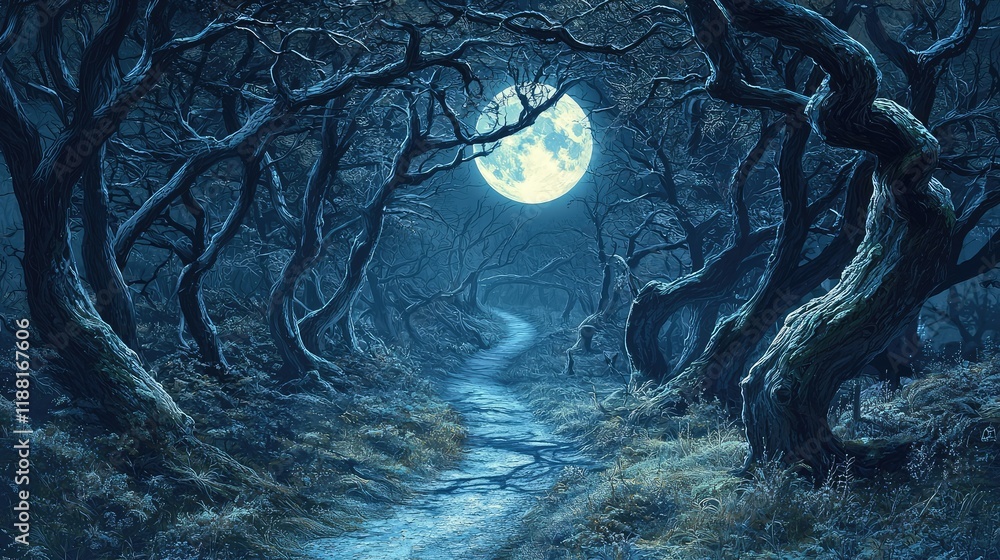 Poster Mysterious Moonlit Forest Path Surrounded by Twisted Trees