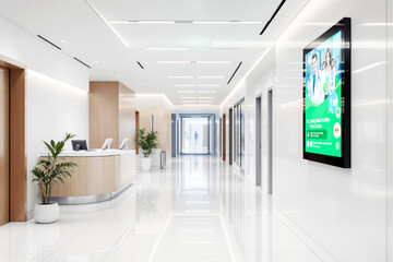 Bright modern hospital reception area with white floors and wooden accents.