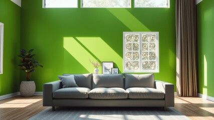 A Minimalist Living Room with a Grey Sofa, Green Walls, and Sunbeams Streaming Through a Window with a Decorative Grille