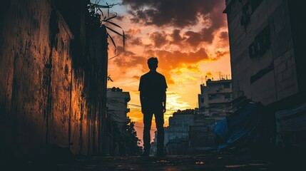 Fototapeta premium Silhouette of a Person Against a Dramatic Sunset in an Alley