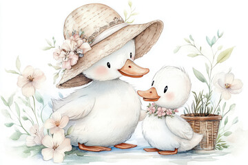 charming watercolor painting of white mother duck wearing straw hat and her adorable duckling surrounded by flowers and greenery, evoking sense of warmth and love