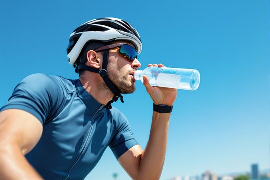 Cyclist drinking water under clear blue sky wearing helmet and sunglasses. - Powered by Adobe