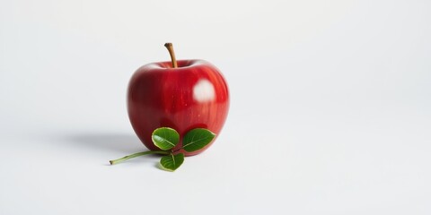 A solitary red apple with a single sprig of green leaves resting beside it, isolated against a clean white backdrop.