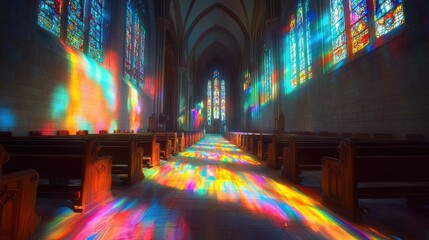 Colorful Reflections from Stained Glass in Serene Church Interior