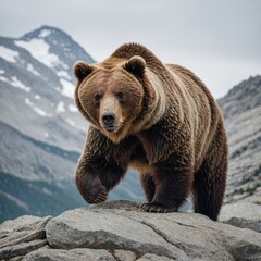 Obraz premium A grizzly bear climbing a rocky mountain on a white background.