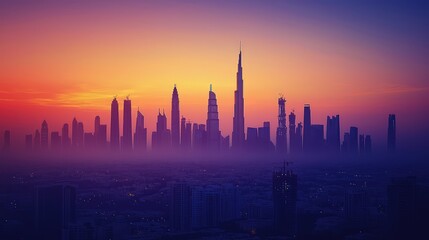 Fototapeta premium Mesmerizing City Skyline at Sunset with Vibrant Colors and Silhouettes