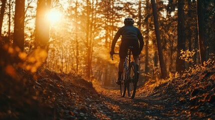 Obraz premium Sunlit Forest Trail Biking Adventure at Golden Hour Beauty