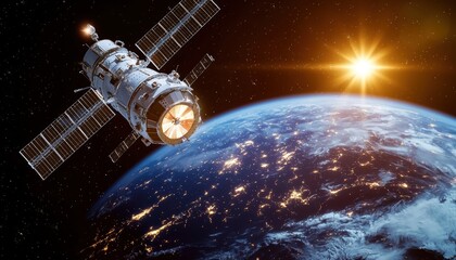 A satellite orbits Earth, illuminated by sunlight, showcasing a stunning view of the planet adorned with city lights.