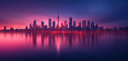 Fototapeta premium A vibrant skyline at dusk, showcasing silhouettes of skyscrapers reflected in calm waters, with hues of pink and purple in the sky.