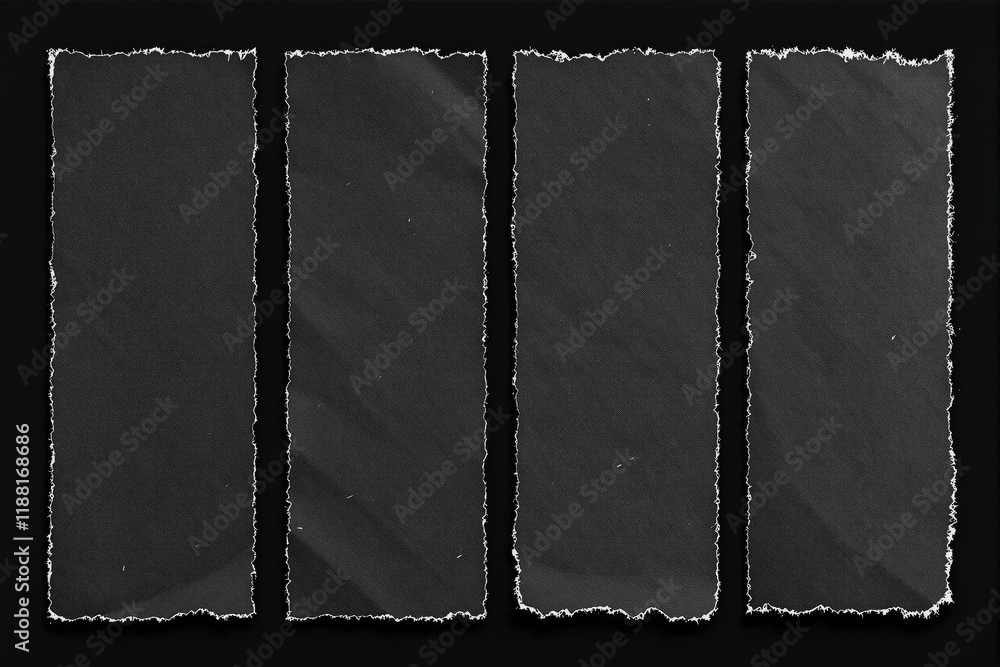 Poster Torn paper strips with rough edges on a black background.