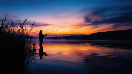 Fisherman Casting Line at Sunset Over Calm Lake Water Landscape