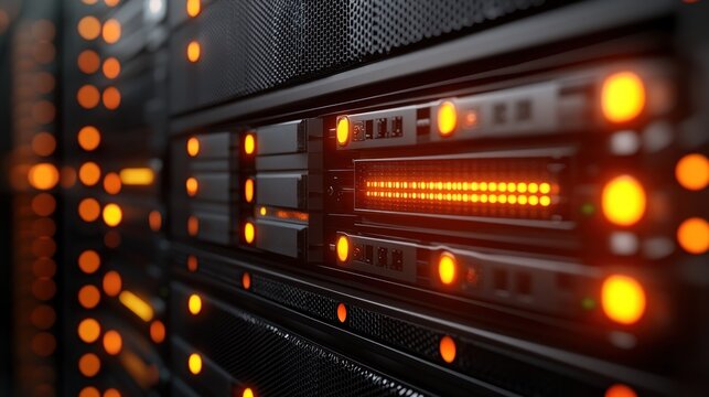 Server rack with flashing lights in data center, processing data. - Powered by Adobe