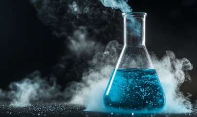 Experiment demonstrating chemical reaction with blue liquid and vapor rising from glass flask