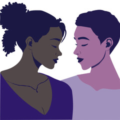Gentle vector illustration, a couple, different nationalities, silhouetted in soft light, diffused shadows, cool blues, greens, and purples. 