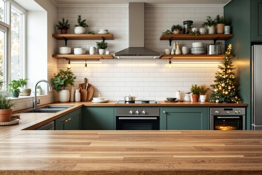 Modern kitchen interior with wooden countertop and Christmas decorations in bright and clean design.