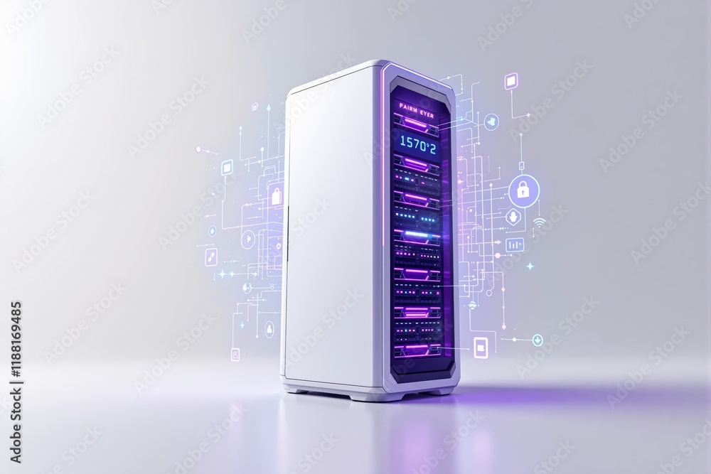Aufkleber Modern server tower with glowing components and tech icons on light background.