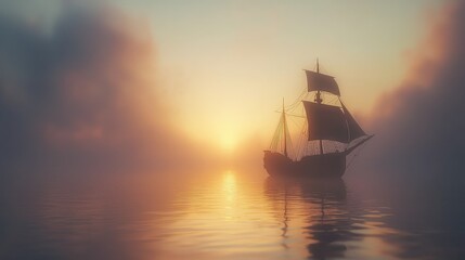 Obraz premium Tranquil Sailing Ship in Misty Water at Sunrise with Soft Colors