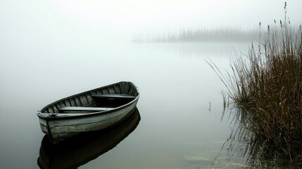 Naklejka premium Misty Morning Scene with Lonely Boat on Calm Water Surface