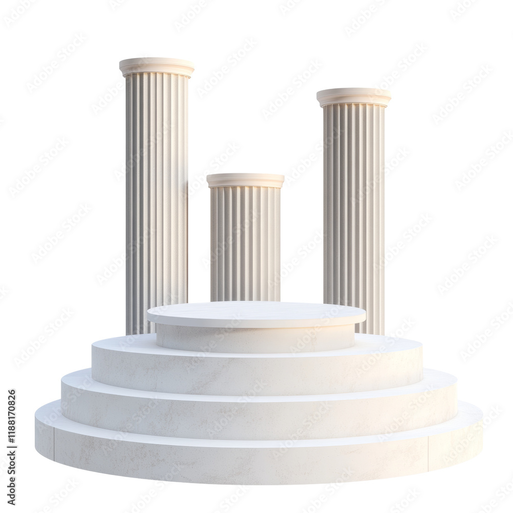 Poster A three-tiered circular marble podium is flanked by two tall and one shorter classical columns.