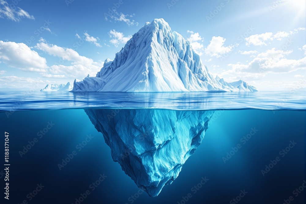 Leinwandbilder iceberg floating on water showing above and underwater sections with clear sky and clouds in the bac