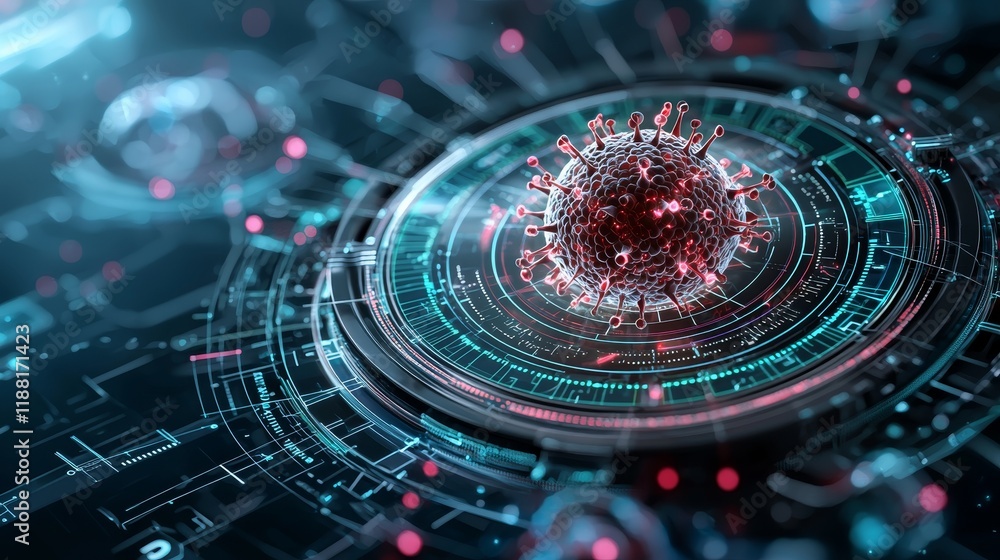 Poster futuristic digital visualization of virus with data interface and technology elements