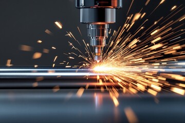 Close-up of a metal laser cutting machine producing sparks on a dark background.