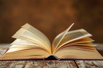 Obraz premium Open book on wooden table with blurred brown background, pages flipping, depicting knowledge and storytelling concept.