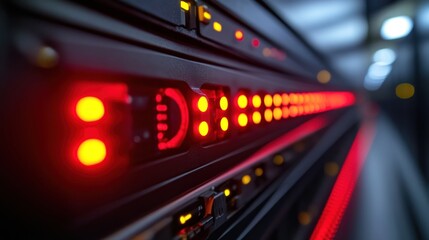 Server room rack lights blinking, data center corridor background.