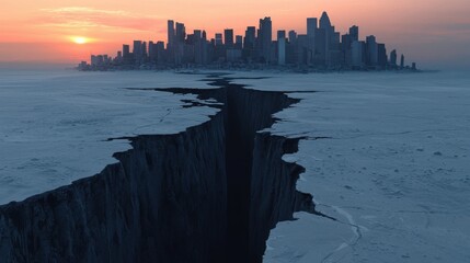 Stunning Urban Skyline with a Dramatic Frozen Split at Sunrise