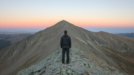 Fototapeta premium Man contemplates sunrise mountain peak, vast landscape background, travel inspiration