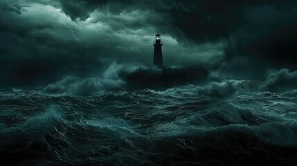 Dark and Stormy Night with Lighthouse in Fierce Ocean Waves